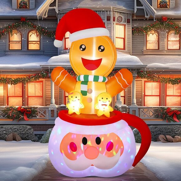 ⚡6FT Christmas Inflatable Gingerbread Rotating Lights Outdoor Decoration - Picture 1 of 7